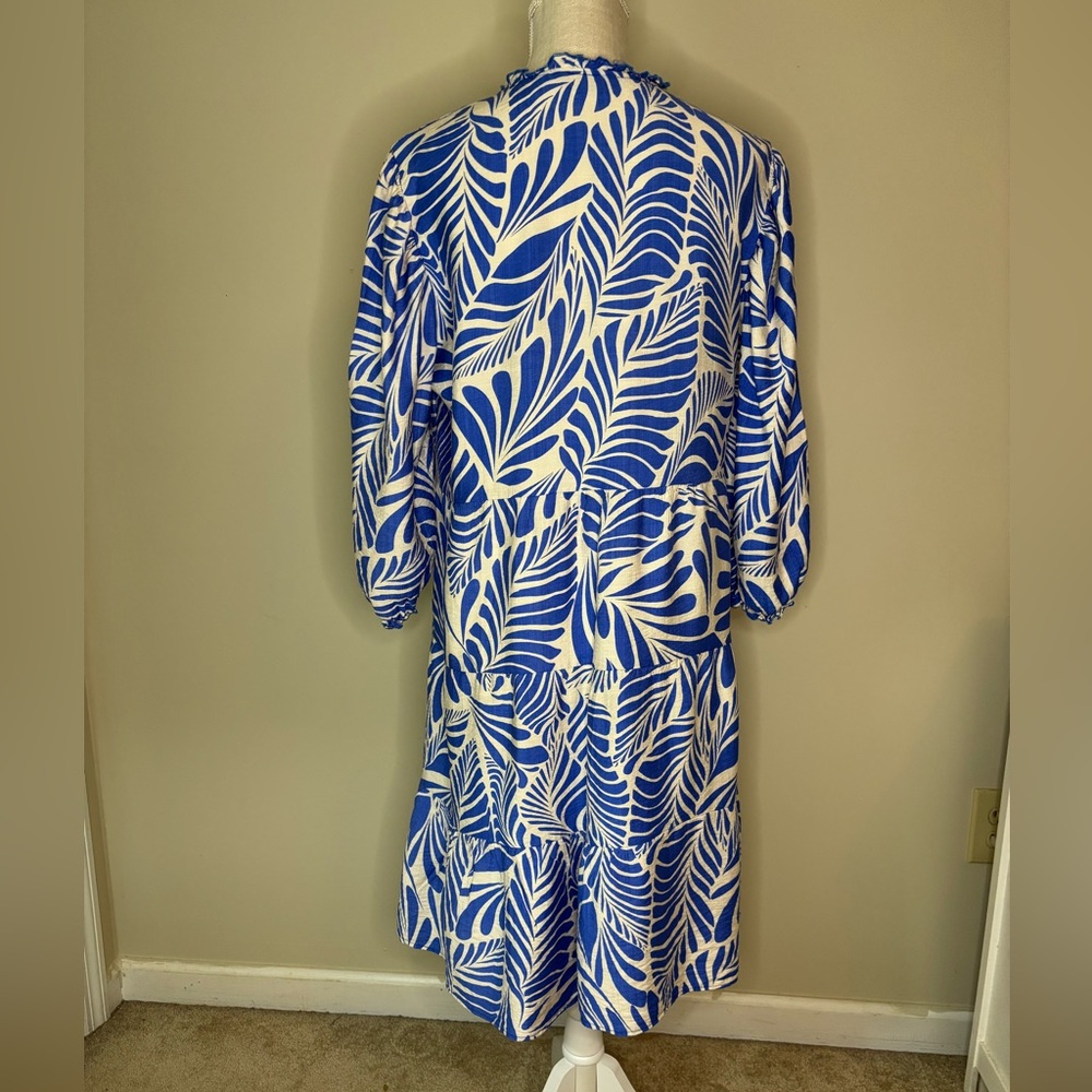 Mlle Gabrielle Vibrant Blue and White Patterned Tiered Midi Dress - Size large - Picture 2 of 12